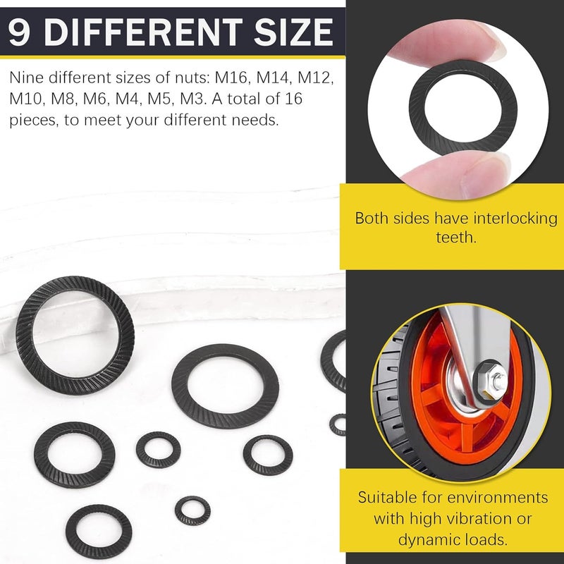 Mardatt 160Pcs M3 M4 M5 M6 M8 M10 M12 M14 M16 Double Side Wedge Locking Washer, Manganese Steel Conical Knurled Spring Washer, Vibration Resistant Safety Washers for Bolts - Image 4